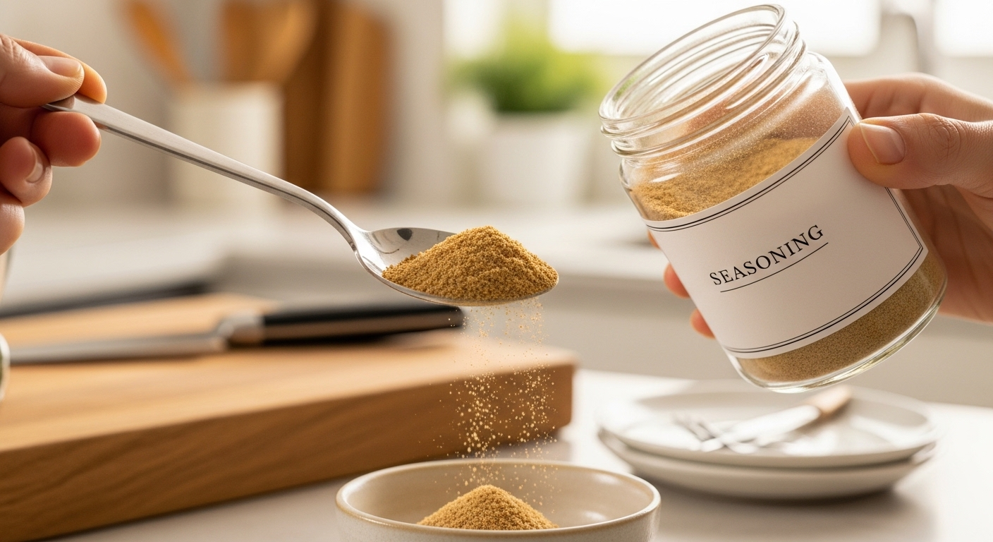 Cận cảnh hạt nêm màu nâu nhạt được múc từ lọ thủy tinh bằng thìa trong bếp hiện đại, liên quan đến thắc mắc nên dùng bột ngọt hay hạt nêm khi nấu ăn. Cận cảnh hạt nêm màu nâu nhạt được múc từ lọ thủy tinh bằng thìa trong bếp hiện đại, liên quan đến thắc mắc nên dùng bột ngọt hay hạt nêm khi nấu ăn.