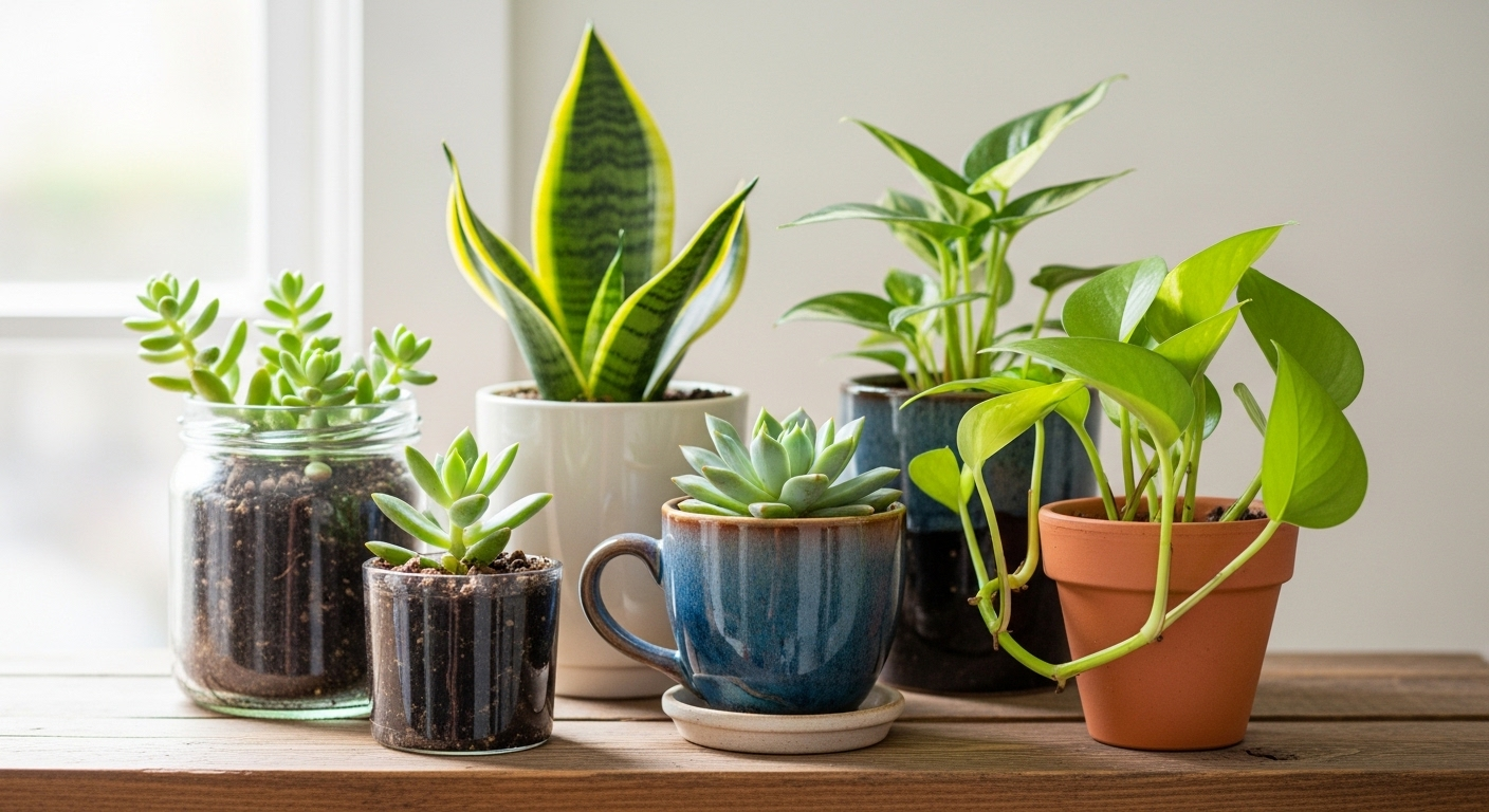 Kệ gỗ mộc mạc trưng bày nhóm cây cảnh mini đa dạng (sen đá, lưỡi hổ, trầu bà) trong chậu độc đáo dưới ánh sáng tự nhiên, mang đến cảm hứng cho mẹo vặt trang trí nhà cửa ấm cúng.