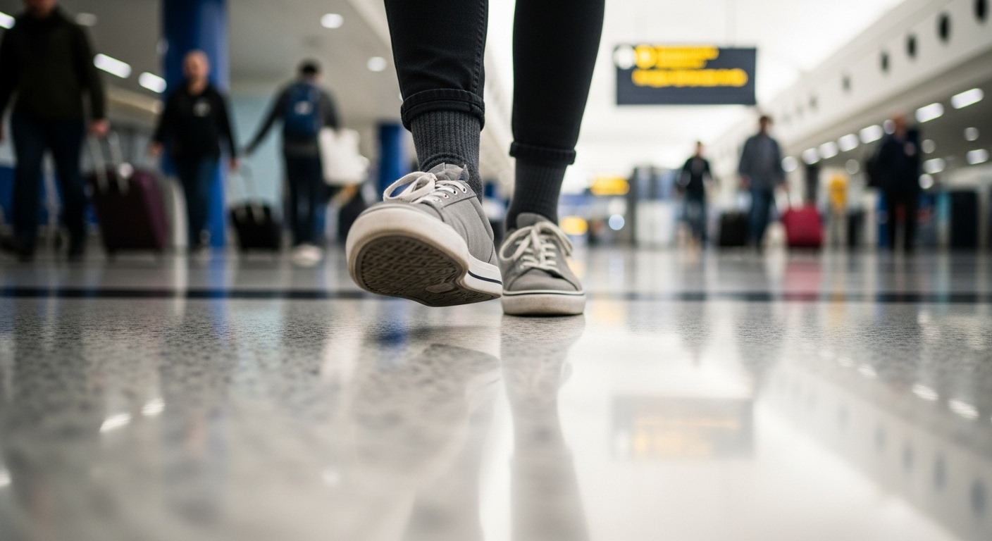 Đôi chân mang giày sneaker xám và tất tối màu thoải mái di chuyển trên sàn sân bay, minh chứng cho trang phục phù hợp để tránh băn khoăn không nên mặc gì khi đi máy bay.
