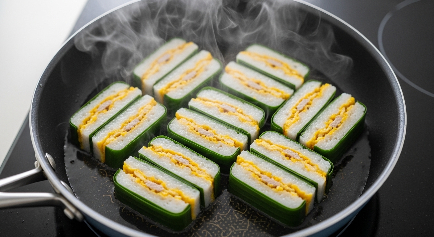 Lát bánh chưng còn vỏ xanh trong chảo chống dính, đang được rán bánh chưng bằng nước lọc. Hơi nước nhẹ bốc lên từ nước lọc trong veo, để lộ nhân bánh trắng vàng hấp dẫn trên bếp hiện đại.