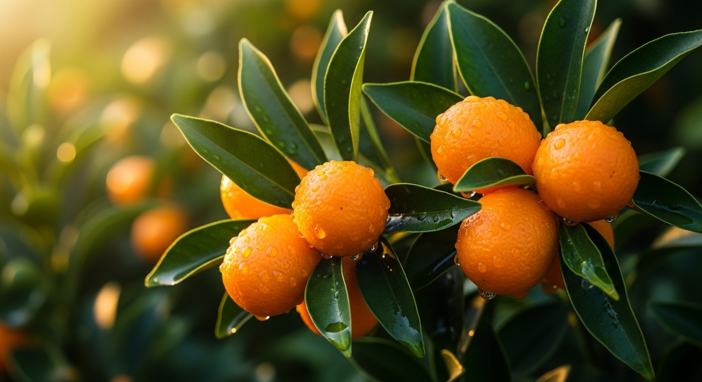 Cận cảnh quả quất cam rực rỡ, lá xanh mướt dưới nắng vàng ấm áp, tượng trưng cho tài lộc ngày Tết. Màu cam tươi sáng này cũng là gợi ý hay khi bạn đang băn khoăn Mùng 1 Tết 2026 mặc màu gì để thu hút may mắn.