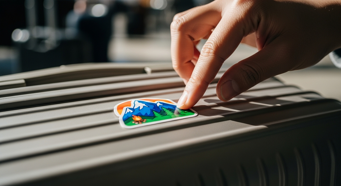Bàn tay dán sticker màu sắc lên vali du lịch. Đây là một mẹo nhỏ trong kinh nghiệm chọn vali du lịch thông minh, giúp bạn dễ dàng nhận diện và thể hiện phong cách riêng cho hành lý của mình.