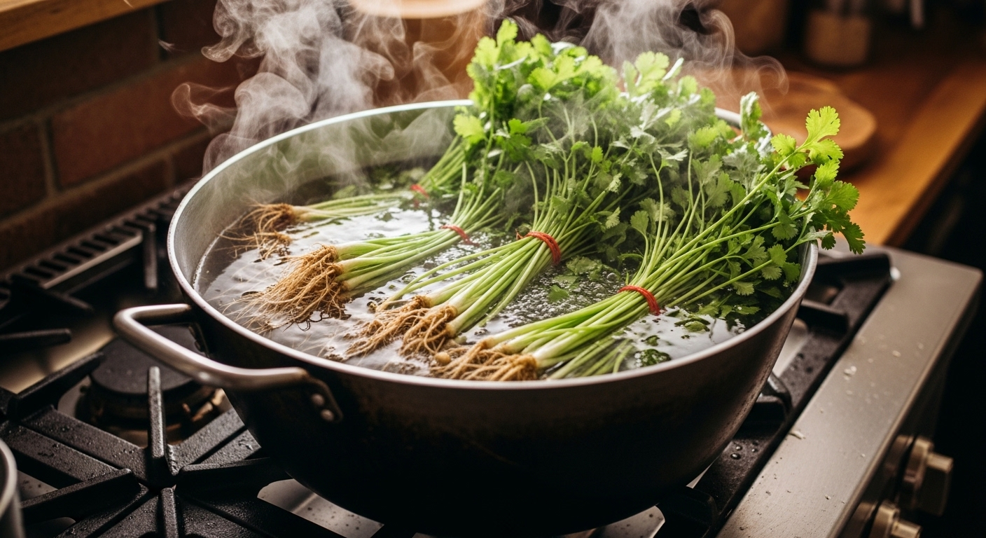 Nồi nước rau mùi già đang sôi trên bếp, hơi nước nghi ngút trong ánh sáng ấm áp của bếp mộc mạc, thể hiện ý nghĩa tục lệ rửa mặt bằng nước rau mùi già. Nồi nước rau mùi già đang sôi trên bếp, hơi nước nghi ngút trong ánh sáng ấm áp của bếp mộc mạc, thể hiện ý nghĩa tục lệ rửa mặt bằng nước rau mùi già.