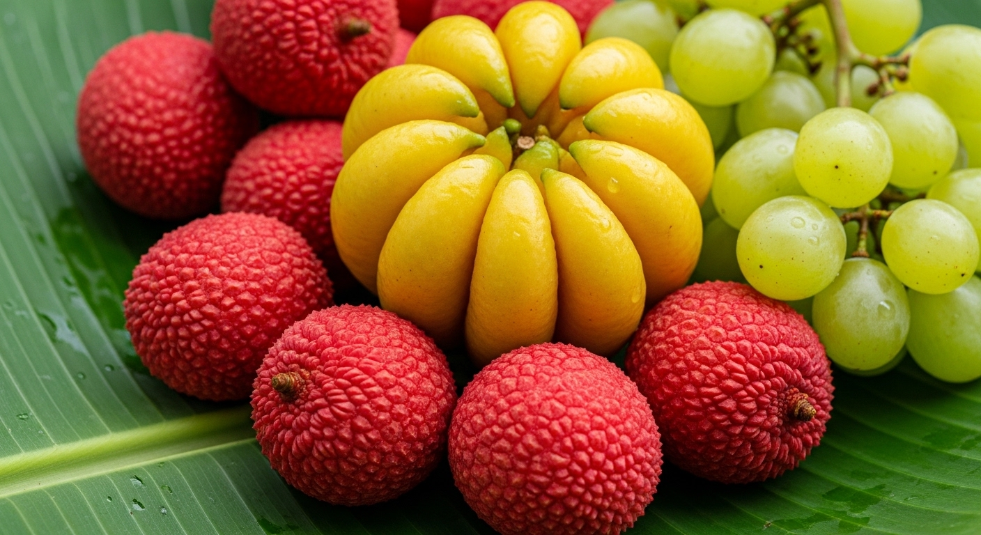 Mâm ngũ quả tươi chi tiết với quả phật thủ nhiều ngón, vải thiều đỏ mọng và nho xanh bóng trên lá chuối. Mâm ngũ quả tươi chi tiết với quả phật thủ nhiều ngón, vải thiều đỏ mọng và nho xanh bóng trên lá chuối.