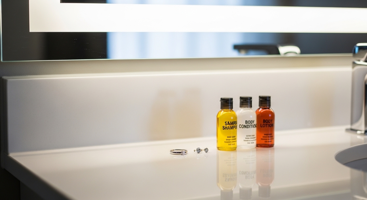 Bàn trang điểm phòng tắm khách sạn hiện đại, sạch sẽ với trang sức bạc và đồ dùng cá nhân trên mặt đá trắng, thể hiện phong cách dịch vụ cao cấp của một dải ruy băng đỏ khách sạn.