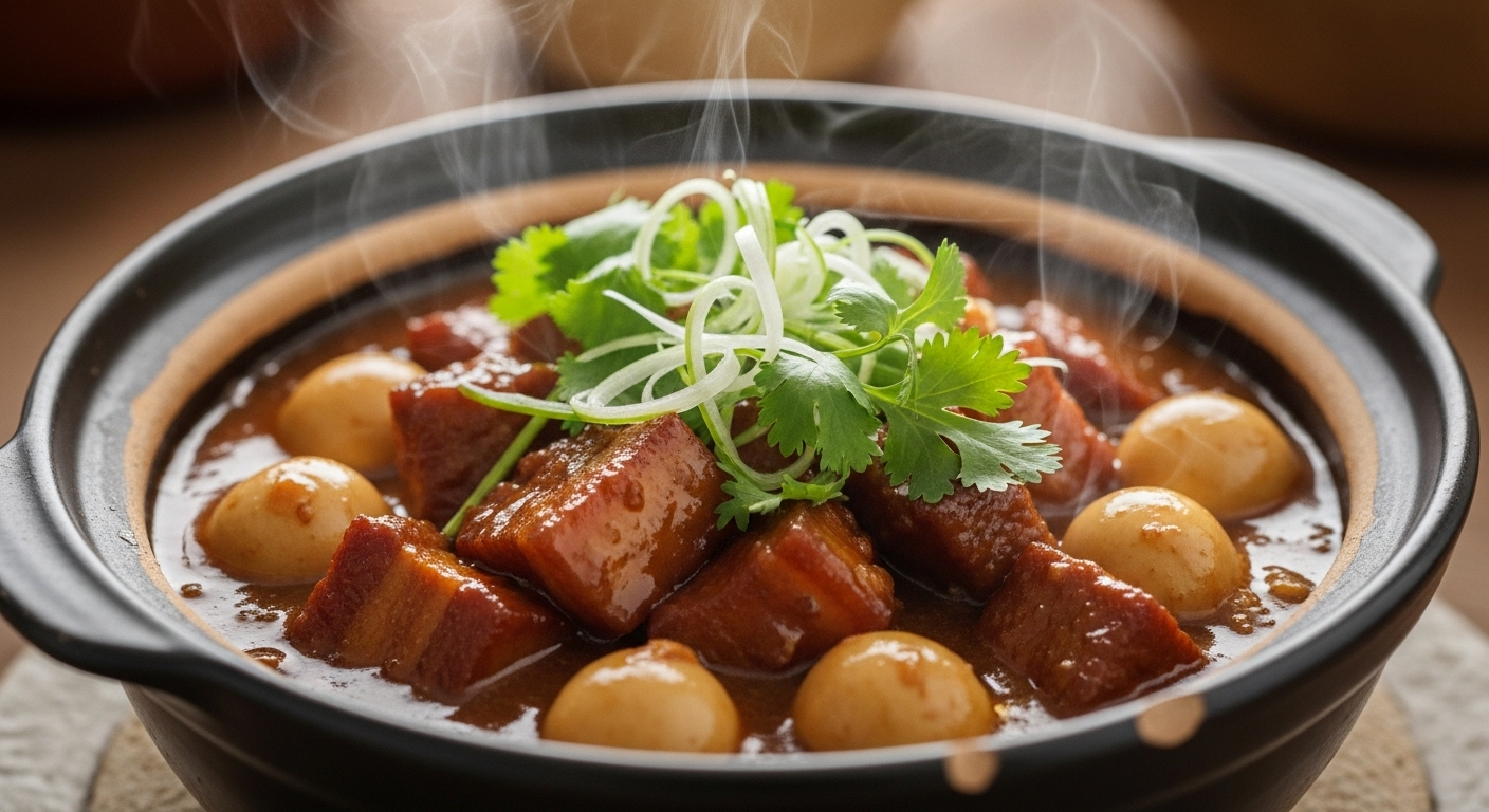 Cận cảnh món Thịt Kho Trứng Cút truyền thống Việt Nam trong nồi đất, với thịt ba chỉ mềm, trứng cút và nước sốt đậm đà. Đây là một món ăn dễ làm và hấp dẫn cho bữa cơm gia đình.