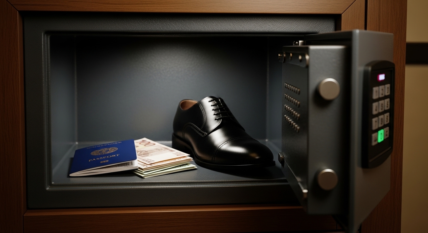 Két sắt khách sạn mở với hộ chiếu, tiền mặt và một chiếc giày đen, gợi nhắc về sự cẩn trọng khi lưu trú, đôi khi cần áp dụng mẹo như lăn chai nước qua gầm giường khách sạn để kiểm tra đồ đạc.