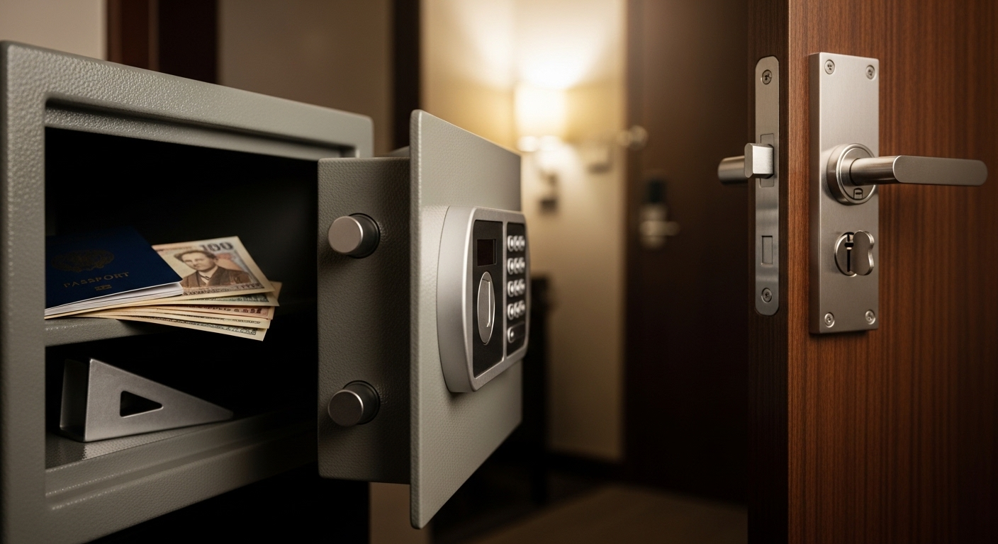 Két sắt khách sạn hé mở cho thấy hộ chiếu, tiền mặt và chốt chặn cửa di động, minh họa các mẹo du lịch an toàn cho nữ để bảo vệ tài sản và an ninh phòng. Két sắt khách sạn hé mở cho thấy hộ chiếu, tiền mặt và chốt chặn cửa di động, minh họa các mẹo du lịch an toàn cho nữ để bảo vệ tài sản và an ninh phòng.