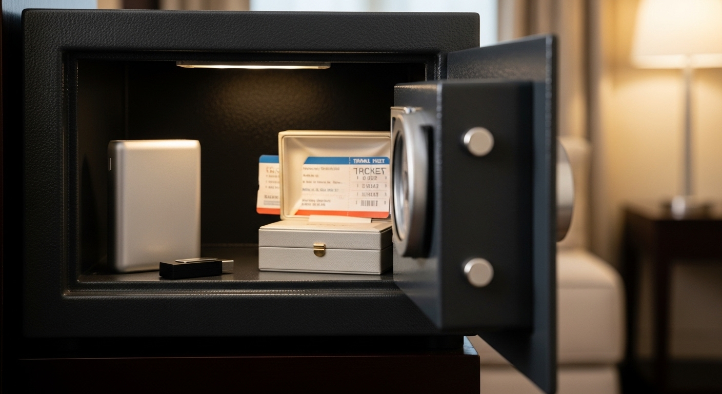 Két an toàn khách sạn mở cửa, bên trong có sạc dự phòng, USB, hộp trang sức và vé du lịch sắp xếp gọn gàng. Minh họa mẹo dùng két an toàn khách sạn hiệu quả để bảo vệ tài sản cá nhân.