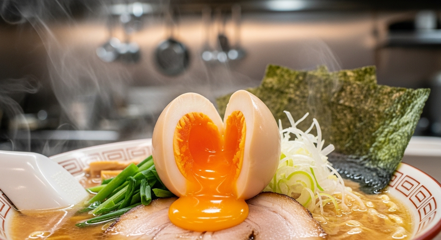 Trứng luộc lòng đào cắt đôi với lòng đỏ cam sánh mịn, đặt trong tô mì ramen nóng hổi. Hình ảnh độ chín hoàn hảo này gợi câu hỏi luộc trứng bao nhiêu phút để đạt được chất lượng tuyệt vời như vậy.