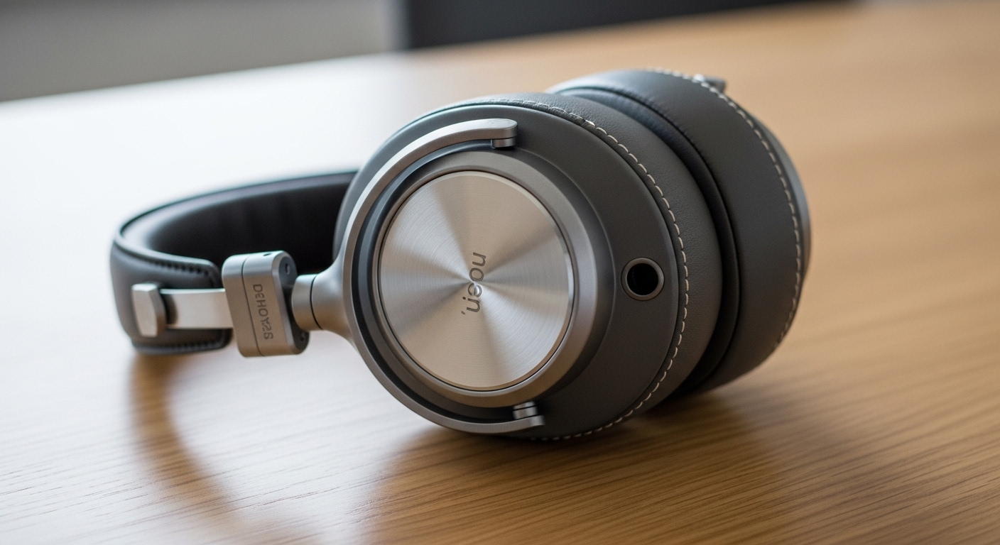 Tai nghe chụp tai cao cấp đặt trên bàn gỗ sáng, với ánh sáng dịu nhẹ, gợi ý dùng âm nhạc như một mẹo cải thiện tâm trạng hiệu quả.