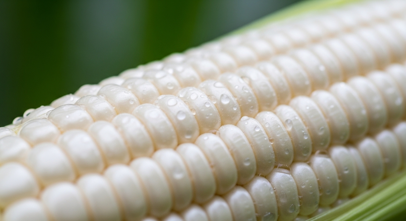 Hạt ngô nếp tươi căng mọng, trắng sữa điểm xuyết đốm tím, sẵn sàng cho món luộc ngô thơm ngon.