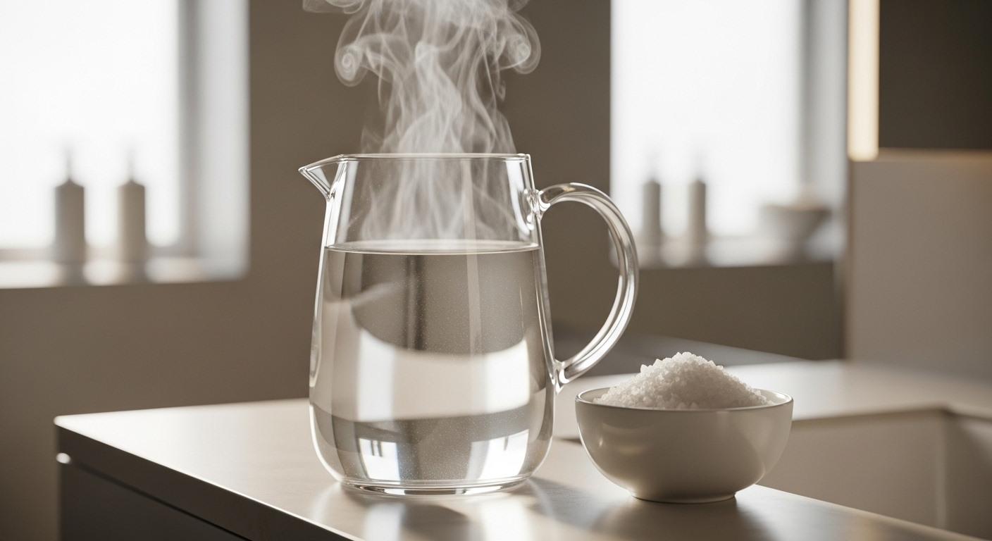 Bình nước ấm bốc hơi và bát muối hạt trắng tinh đặt trên kệ phòng tắm sạch sẽ, gợi ý các bước trong cách thông bồn cầu bằng muối hiệu quả.