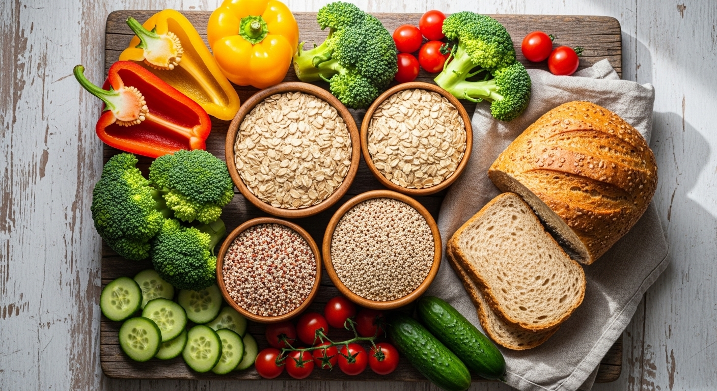 Mâm đầy ắp ngũ cốc nguyên hạt, rau củ tươi và bánh mì nguyên cám, đại diện cho ăn uống lành mạnh.