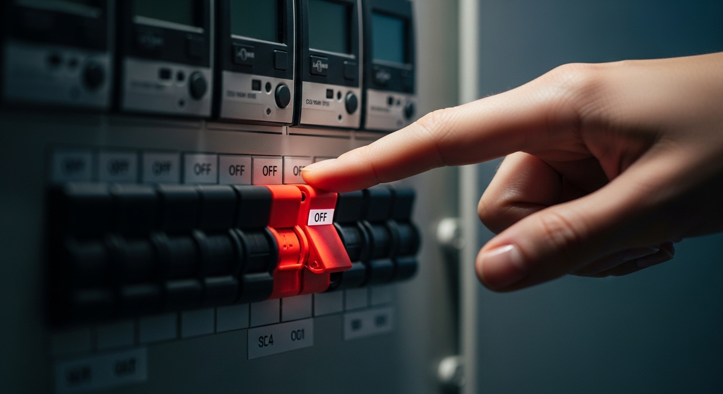 Cận cảnh bàn tay nhấn công tắc đỏ trên bảng cầu dao điện hiện đại, gợi nhắc về quản lý năng lượng và quyết định có nên bật điều hòa khi dông bão để đảm bảo an toàn.