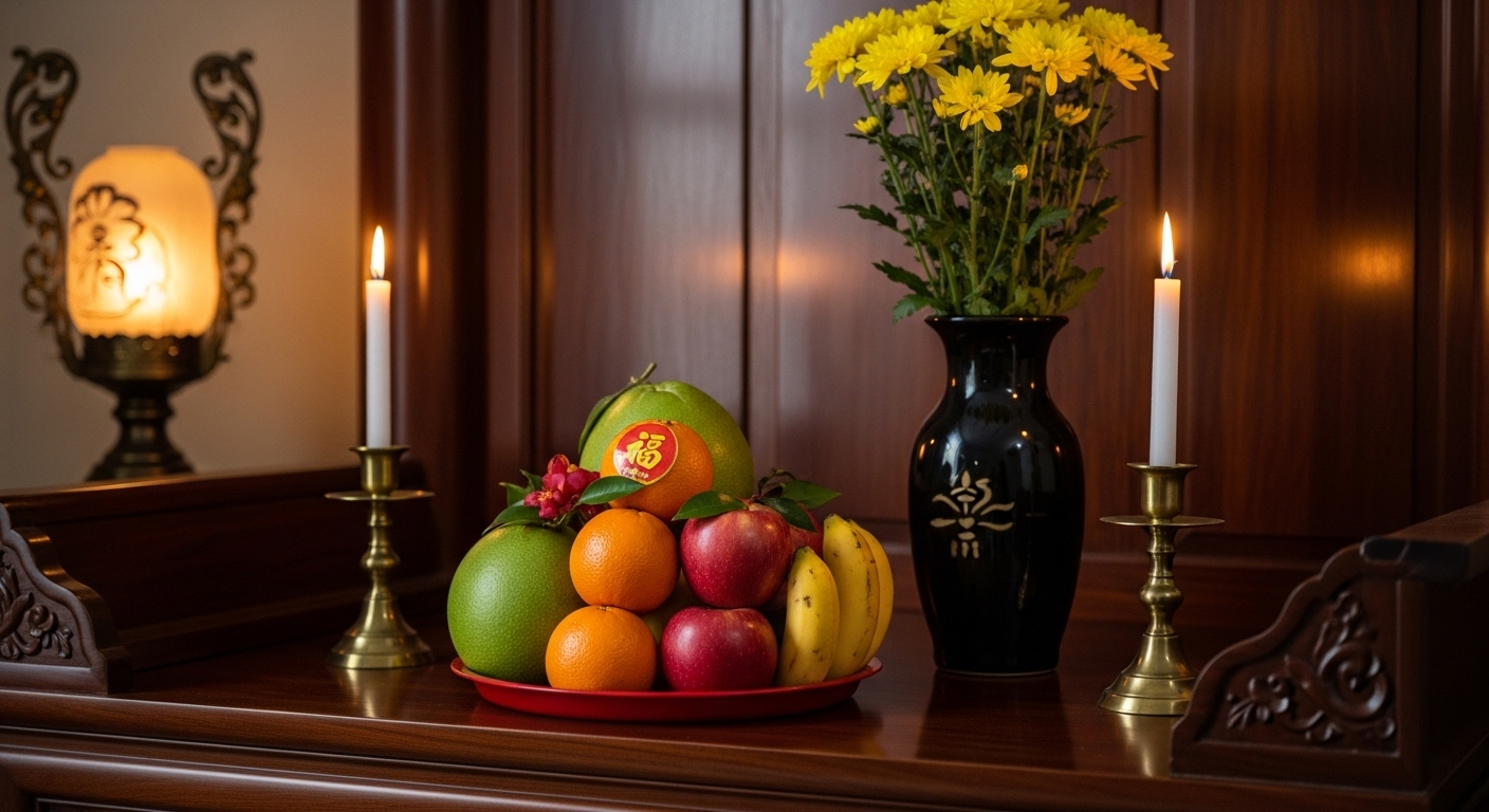Bàn thờ tổ tiên ngày Tết được trang hoàng lộng lẫy với mâm ngũ quả rực rỡ, hoa cúc vàng tươi và nến lung linh, tạo không gian ấm cúng cho việc trang trí nhà cửa đón Tết.