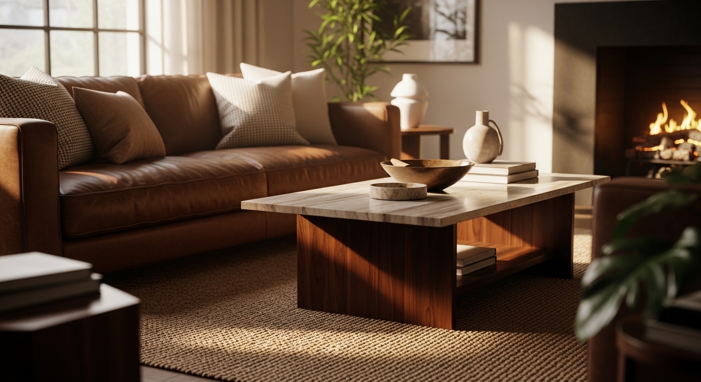 Phòng khách ấm cúng với sofa da nâu sang trọng, bàn trà gỗ mặt đá cẩm thạch và thảm sợi tự nhiên, tạo nên không gian trang trí nội thất không lỗi mốt.