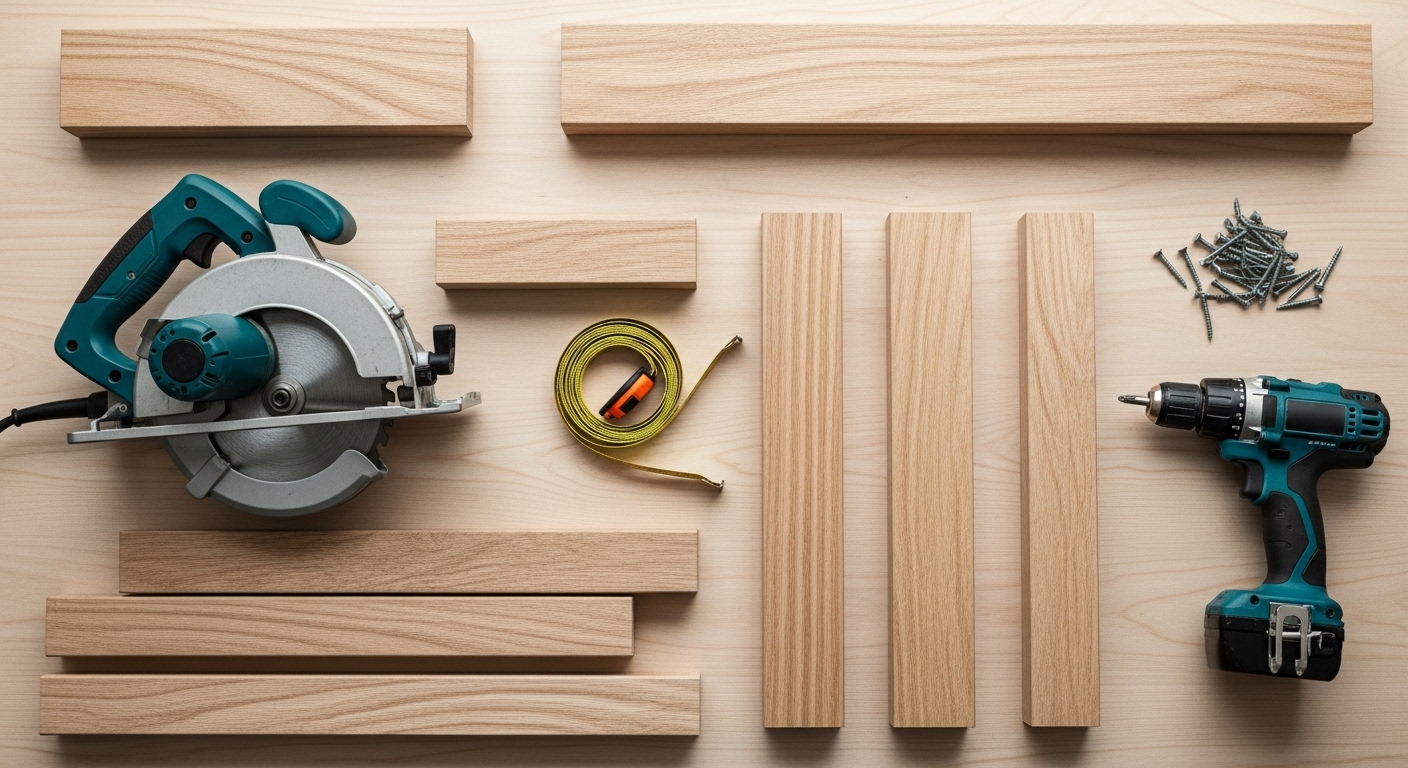 Toàn cảnh bàn làm việc gỗ với cưa tròn, máy khoan, thước, ván gỗ và ốc vít được sắp xếp gọn gàng, sẵn sàng cho việc đóng cầu thang.