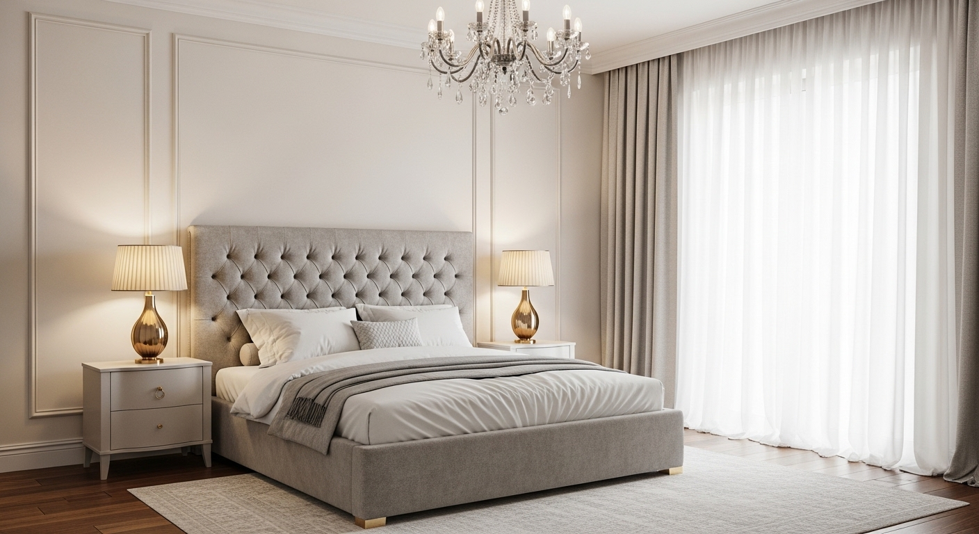 Phòng ngủ tân cổ điển sang trọng với tường kem phào chỉ, giường nhung tinh tế, đèn chùm pha lê và đèn ngủ vàng, tạo nên không gian decor nhà đẹp, ấm cúng.