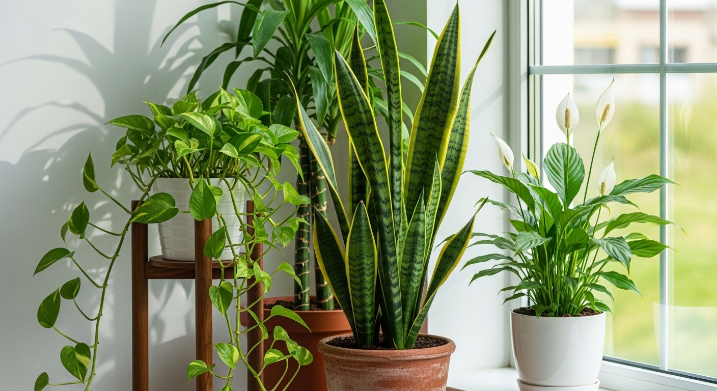 Trang trí nhà đẹp với cụm cây xanh trong nhà gồm lưỡi hổ, trầu bà, lan ý đặt cạnh cửa sổ lớn, ngập tràn ánh sáng tự nhiên.