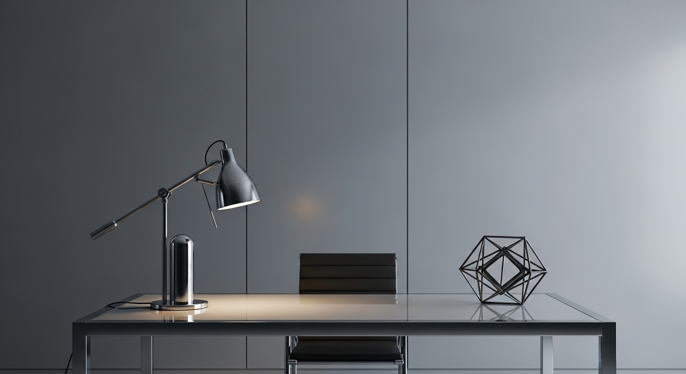 Không gian văn phòng tối giản với bàn kim loại mặt kính, đèn chrome và vật trang trí hình học. Gợi ý decor nội thất hiện đại, tinh tế.