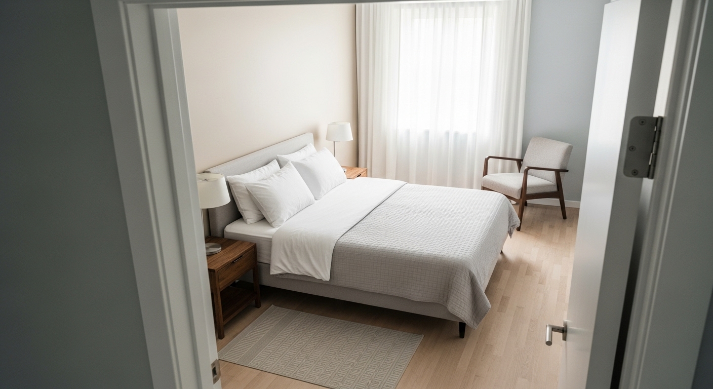 Phòng ngủ thanh bình với giường đặt chéo cửa, tạo vị trí chỉ huy an toàn. Minh họa cách bố trí phòng ngủ theo phong thủy mang lại sự yên tĩnh và cảm giác an toàn.