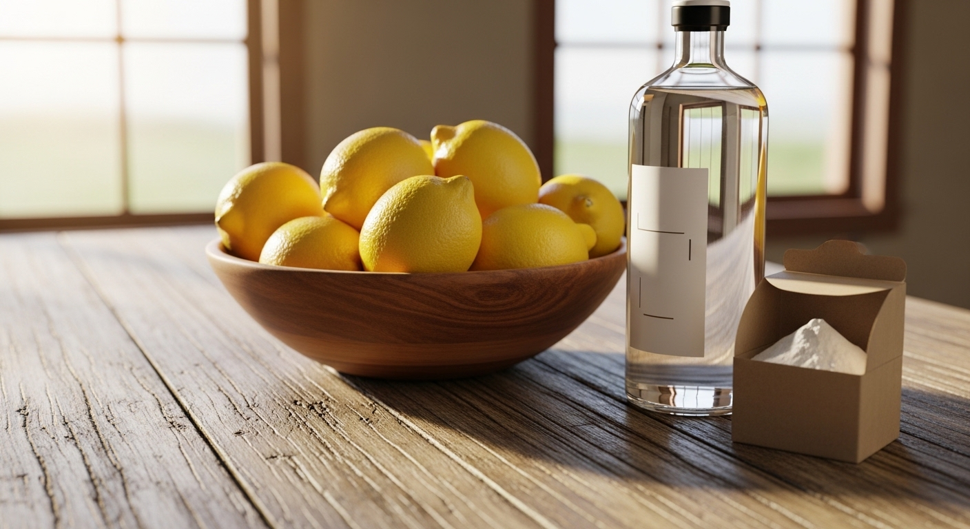 Bàn bếp gỗ mộc với bát chanh vàng, chai giấm trắng và baking soda dưới ánh sáng tự nhiên – bộ ba hoàn hảo cho các mẹo vặt nội trợ.