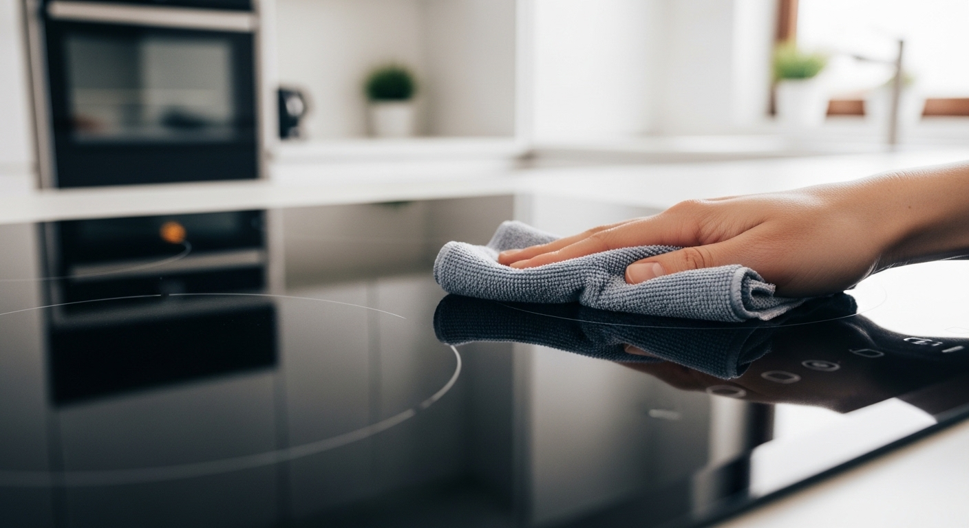 Bếp từ công suất lớn mặt kính đen bóng loáng đang được lau nhẹ nhàng bằng khăn mềm trong căn bếp hiện đại, đầy ánh sáng tự nhiên.