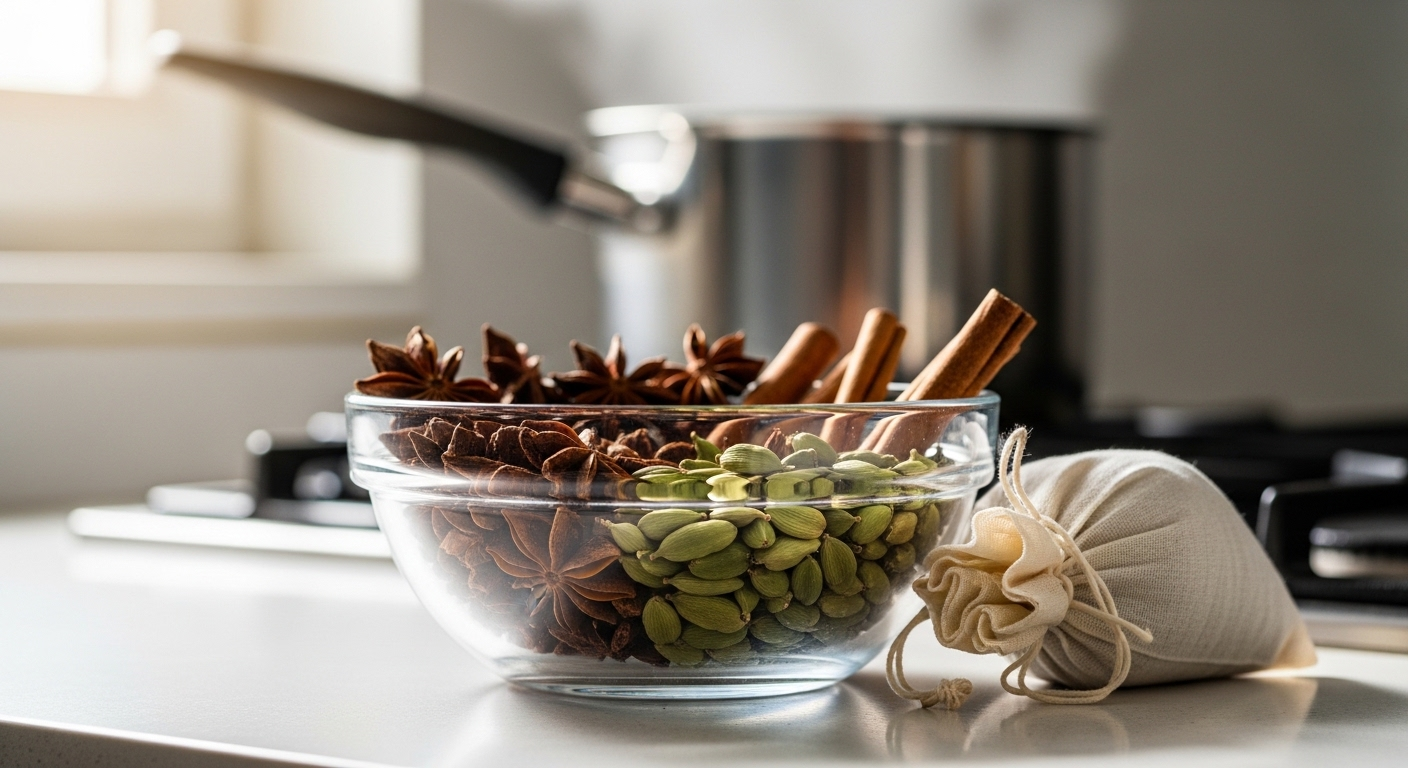 Bát thủy tinh chứa hoa hồi, quế thanh và thảo quả rang cùng túi lọc gia vị trên bàn bếp, sẵn sàng cho món nấu nước dùng ngon.