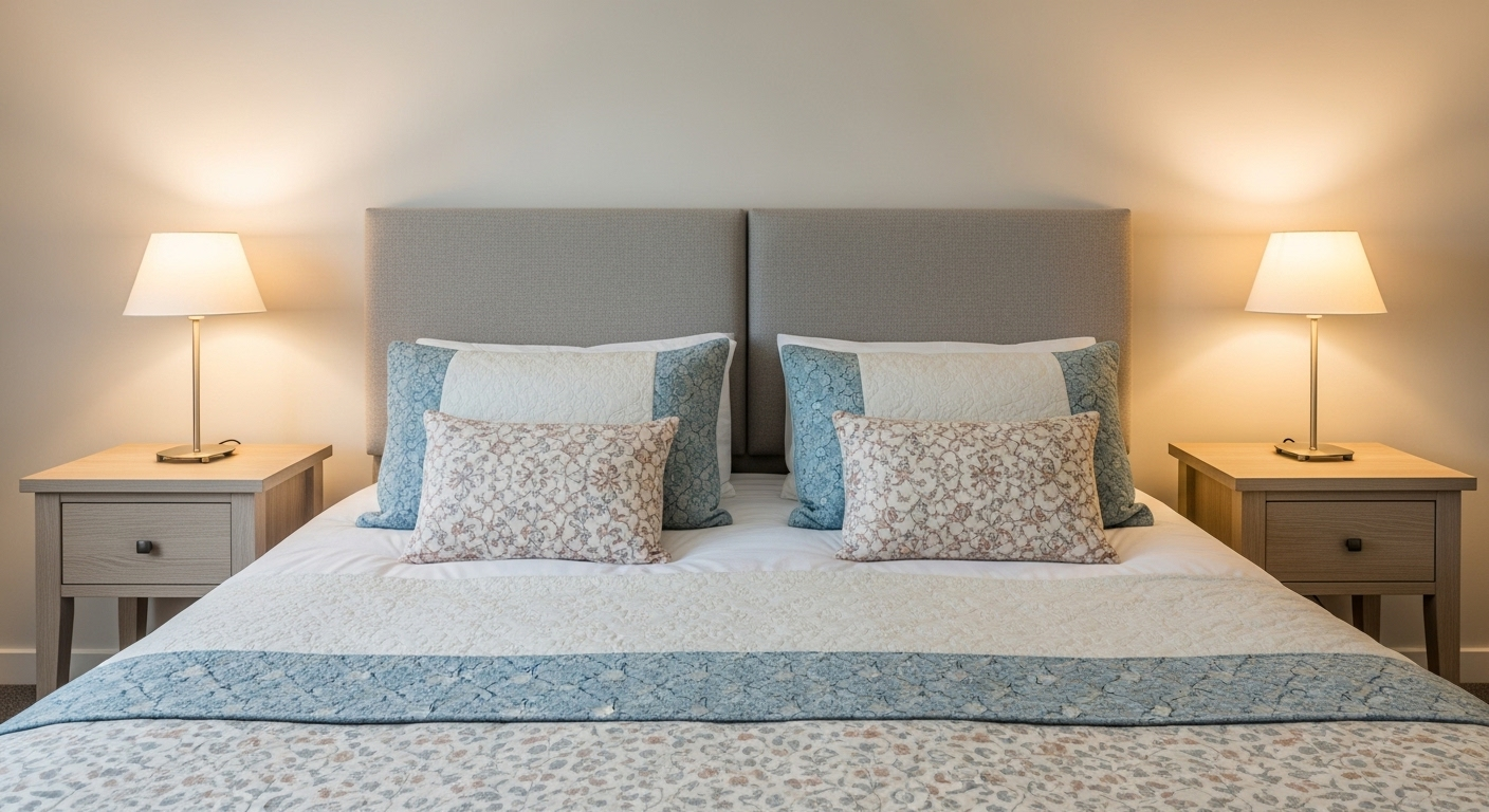 Phòng ngủ đôi bố trí đối xứng với bàn đầu giường gỗ sáng, đèn ấm và chăn ga màu pastel, minh họa cách bố trí phòng ngủ theo phong thủy mang lại cảm giác thư thái.