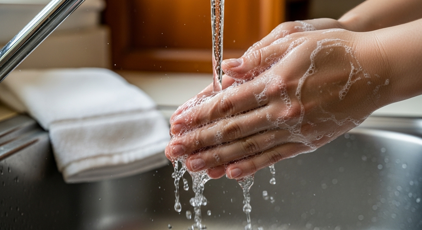 Bàn tay đang rửa kỹ dưới vòi nước sạch trong bồn rửa chén inox sáng bóng, đảm bảo vệ sinh an toàn nhà bếp.