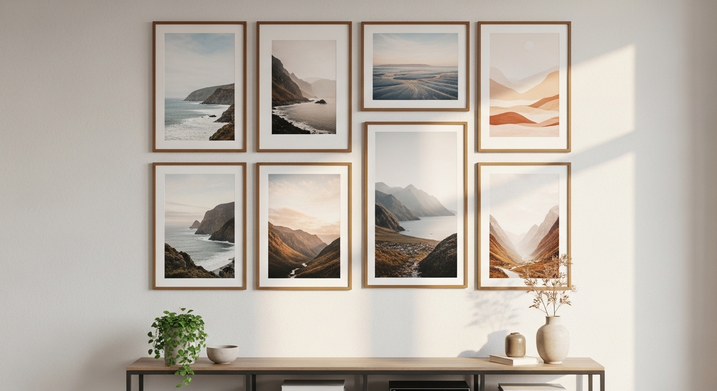 Tường phòng khách thanh bình với bộ sưu tập tranh nghệ thuật phong cảnh và trừu tượng có khung đồng bộ, màu sắc hài hòa với tường trắng ngà và kệ TV thanh lịch phía dưới. Tường phòng khách thanh bình với bộ sưu tập tranh nghệ thuật phong cảnh và trừu tượng có khung đồng bộ, màu sắc hài hòa với tường trắng ngà và kệ TV thanh lịch phía dưới.