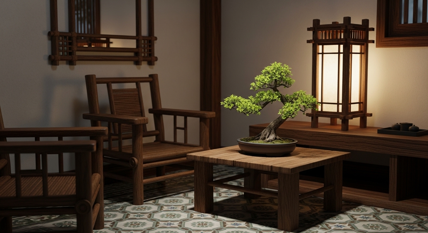 Trang trí phòng khách nhỏ phong cách Đông Dương với nội thất gỗ tối màu, điểm nhấn tre, gạch họa tiết và cây bonsai dưới ánh đèn lồng ấm áp.