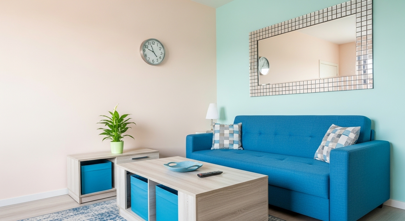 Thiết kế nội thất phòng khách nhỏ hiện đại, tối ưu không gian với tường pastel, sofa xanh và bàn trà đa năng có lưu trữ. Gương lớn phản chiếu ánh sáng.