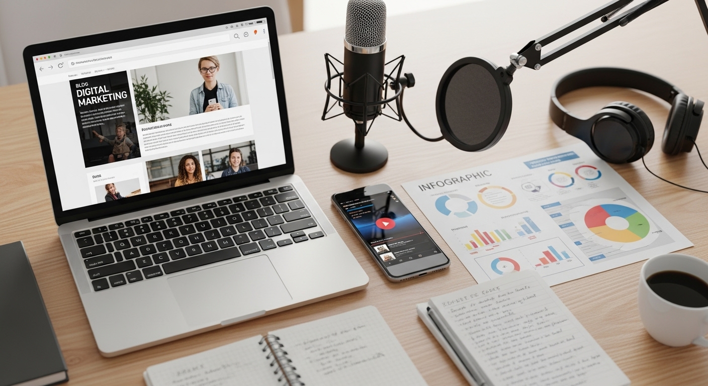 laptop mở blog post (có thể về chủ đề 'Tôi xin lỗi'), smartphone phát video, infographic sinh động và micro phòng thu chuyên nghiệp trên bàn hiện đại, ánh sáng dịu.