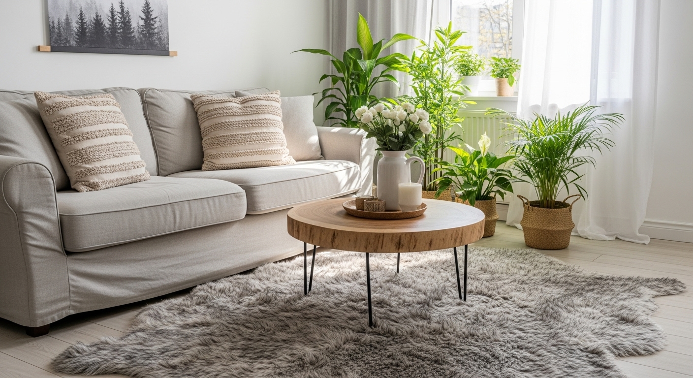 Phòng khách Scandinavian ấm cúng với sofa vải lanh sáng màu, bàn cà phê gỗ tròn, cây xanh và ánh nắng tự nhiên. Đây là gợi ý tuyệt vời về cách trang trí phòng khách tinh tế, hiện đại.