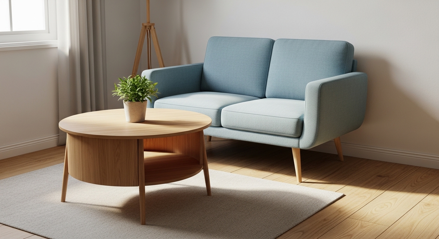 Phòng khách nhỏ ấm cúng với ghế sofa đôi màu xanh nhạt chân gỗ cao, thanh mảnh và bàn cà phê tròn có kệ lưu trữ, ứng dụng hiệu quả các mẹo vặt giúp phòng khách nhỏ trông rộng hơn.