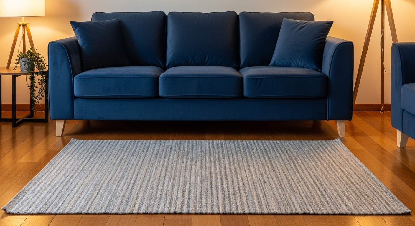 Ghế sofa nhung xanh navy mới êm ái cùng thảm len họa tiết be xanh trên sàn gỗ, mang đến cách làm mới phòng khách hiện đại và ấm cúng.