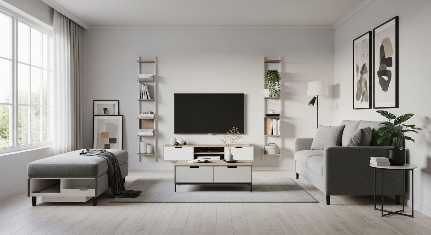 Phòng khách tối giản hiện đại với nội thất thông minh, đa năng như sofa có hộc chứa đồ, bàn trà tích hợp ngăn kéo và kệ treo tường tận dụng không gian dọc, giúp ăn gian diện tích phòng khách một cách hiệu quả.