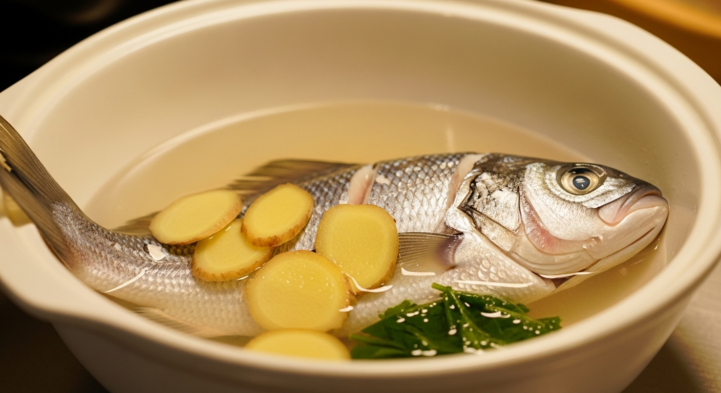 Bát cá sống đang được ngâm với gừng và rau thơm để khử mùi tanh cá. Bát cá sống đang được ngâm với gừng và rau thơm để khử mùi tanh cá.