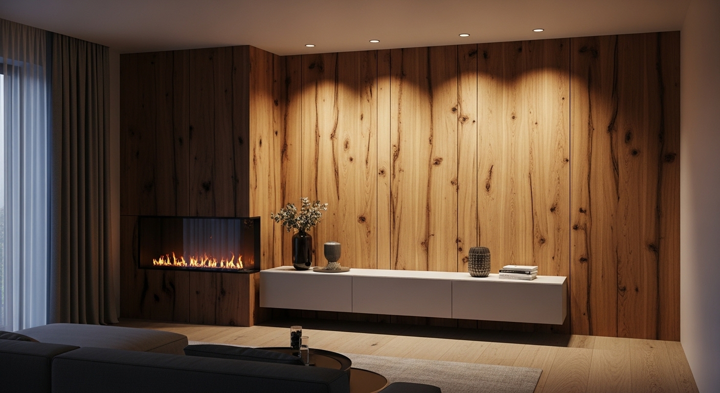 Trang trí tường phòng khách thanh lịch với gỗ ốp tự nhiên màu ấm, vân gỗ rõ nét, và tủ TV thấp hiện đại.