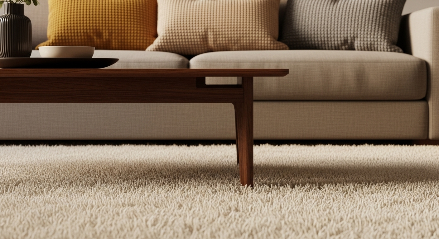 Góc trang trí phòng khách ấm cúng với thảm len xù màu kem, bàn cà phê gỗ tối và gối tựa vàng mù tạt, be, xám ấm trên sofa vải.