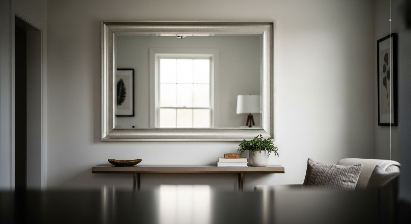 Gương trang trí lớn không khung trên tường sáng, là điểm nhấn trang trí phòng khách đơn giản. Gương phản chiếu ánh sáng cửa sổ, giúp không gian phòng khách nhỏ trông rộng và sáng tự nhiên hơn. Dưới gương là bàn console hiện đại.