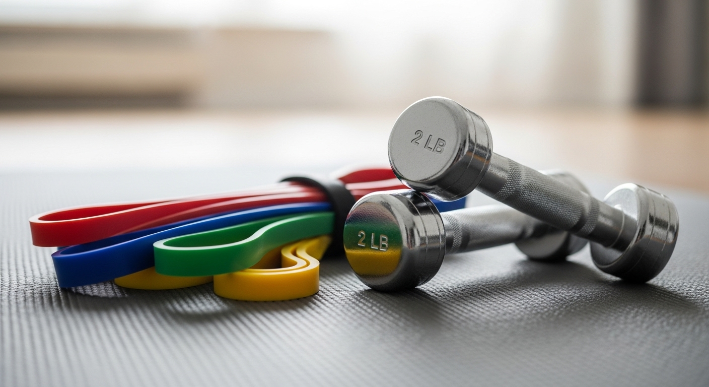 Dây kháng lực nhiều màu và tạ đơn bạc trên thảm tập, thiết bị cần thiết cho cách giảm cân hiệu quả tại nhà.