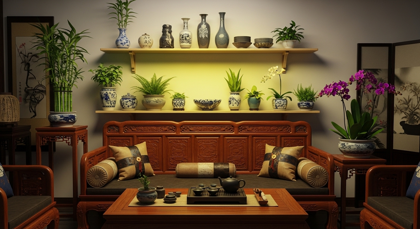 Phòng khách kiểu Á Đông ấm cúng, nổi bật với sofa gỗ tối màu chạm khắc, đồ gốm sứ truyền thống và cây xanh sống động, mang đến không gian trang trí phòng khách hài hòa và tinh tế.