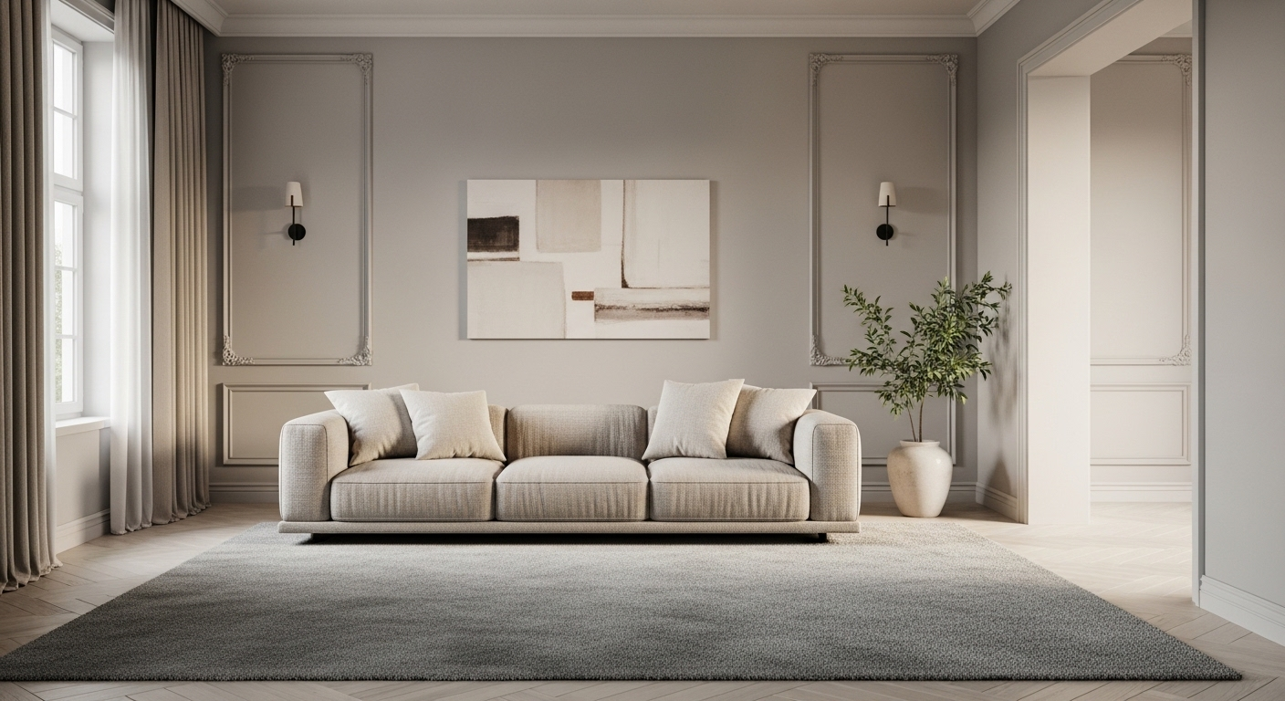 sofa be, thảm xám êm ái, cùng ánh sáng tự nhiên ấm áp, tạo không gian sang trọng và thoải mái.