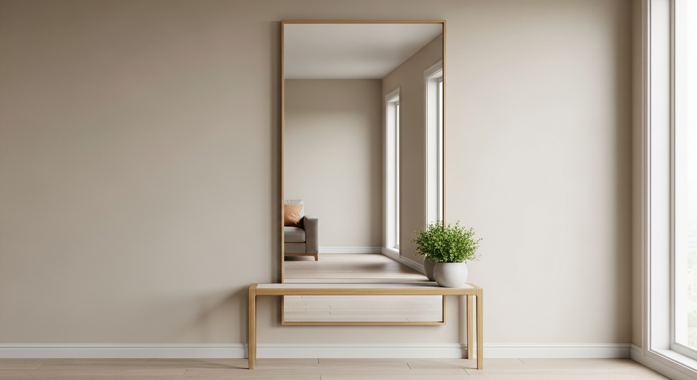 Trang trí phòng khách nhà vuông tối giản với gương soi toàn thân lớn phản chiếu ánh sáng tự nhiên, tạo chiều sâu. Bàn console gỗ nhẹ có cây xanh.