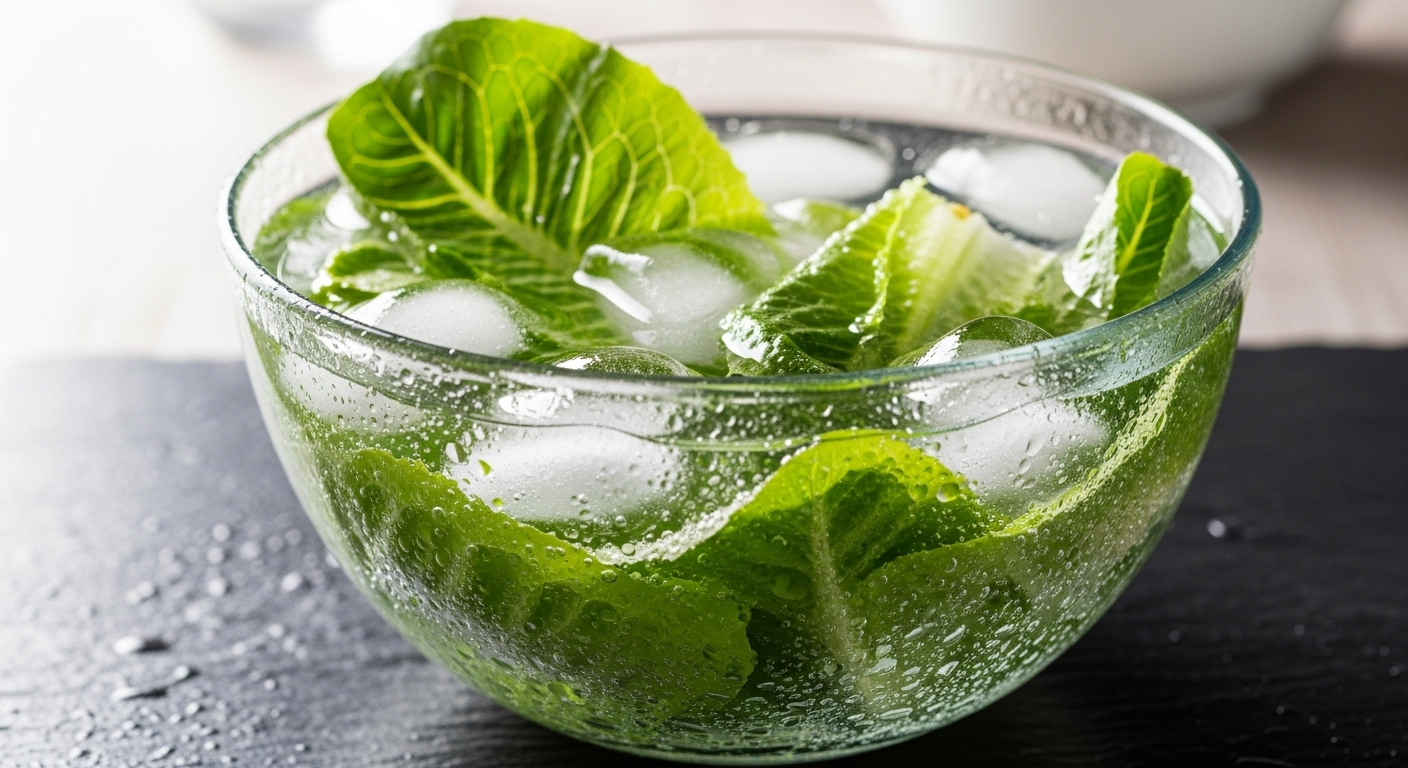 Lá xà lách xanh mướt, tươi giòn trong tô nước đá lấp lánh, là bí quyết làm salad ngon giúp rau luôn giòn mát.