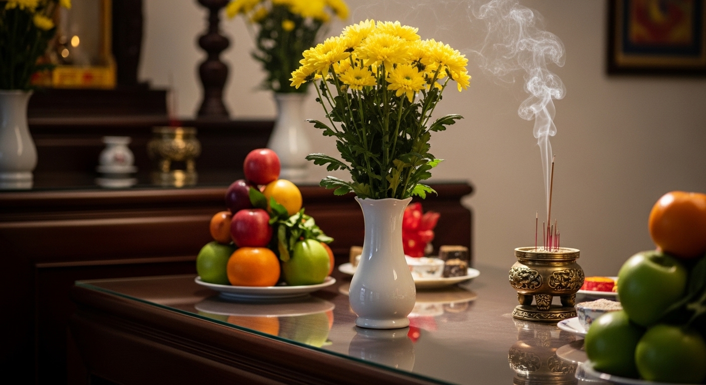 Bàn thờ gia tiên trang trọng với cúc vàng tươi, mâm ngũ quả và khói hương, gợi ý cách trang trí phòng khách ngày Tết truyền thống và ấm cúng.