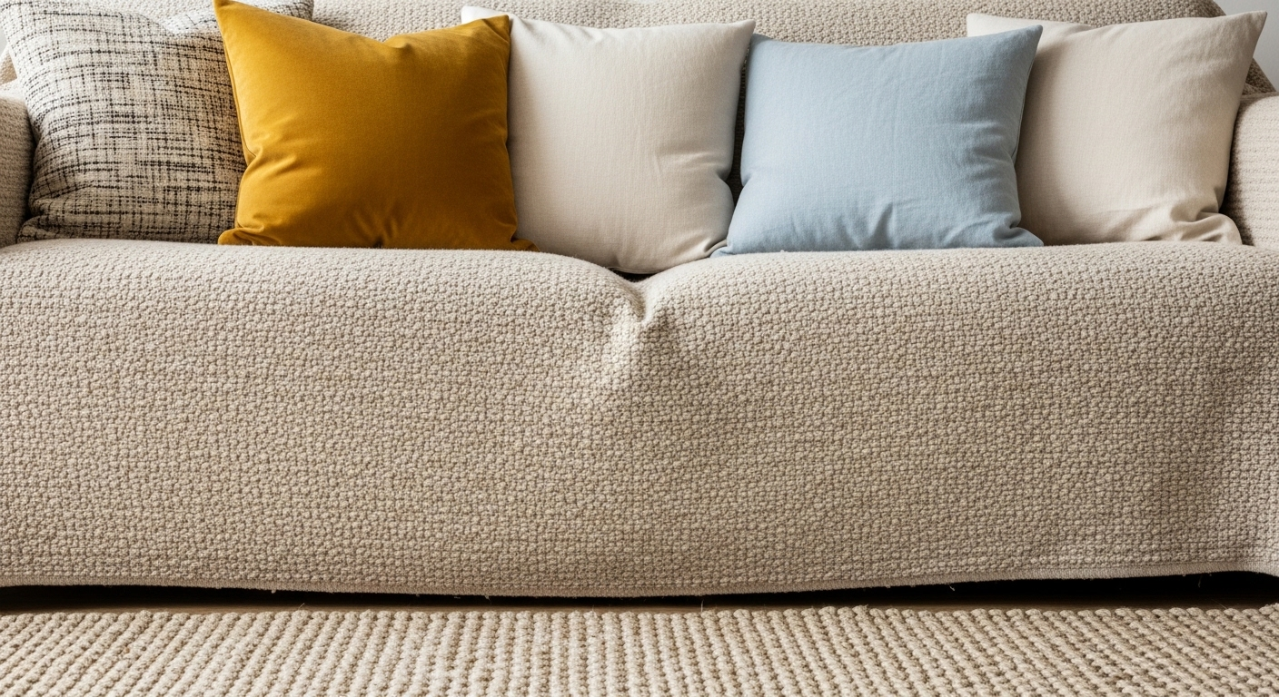 Góc ghế sofa phòng khách ấm cúng với gối tựa nhung vàng, linen xanh và thảm dệt be, minh họa cách trang trí phòng khách tinh tế.